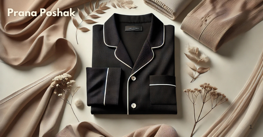 Luxury black pajama set by Prana Poshak, elegantly folded and surrounded by soft neutral-toned fabrics and dried botanicals, showcasing premium sustainable nightwear