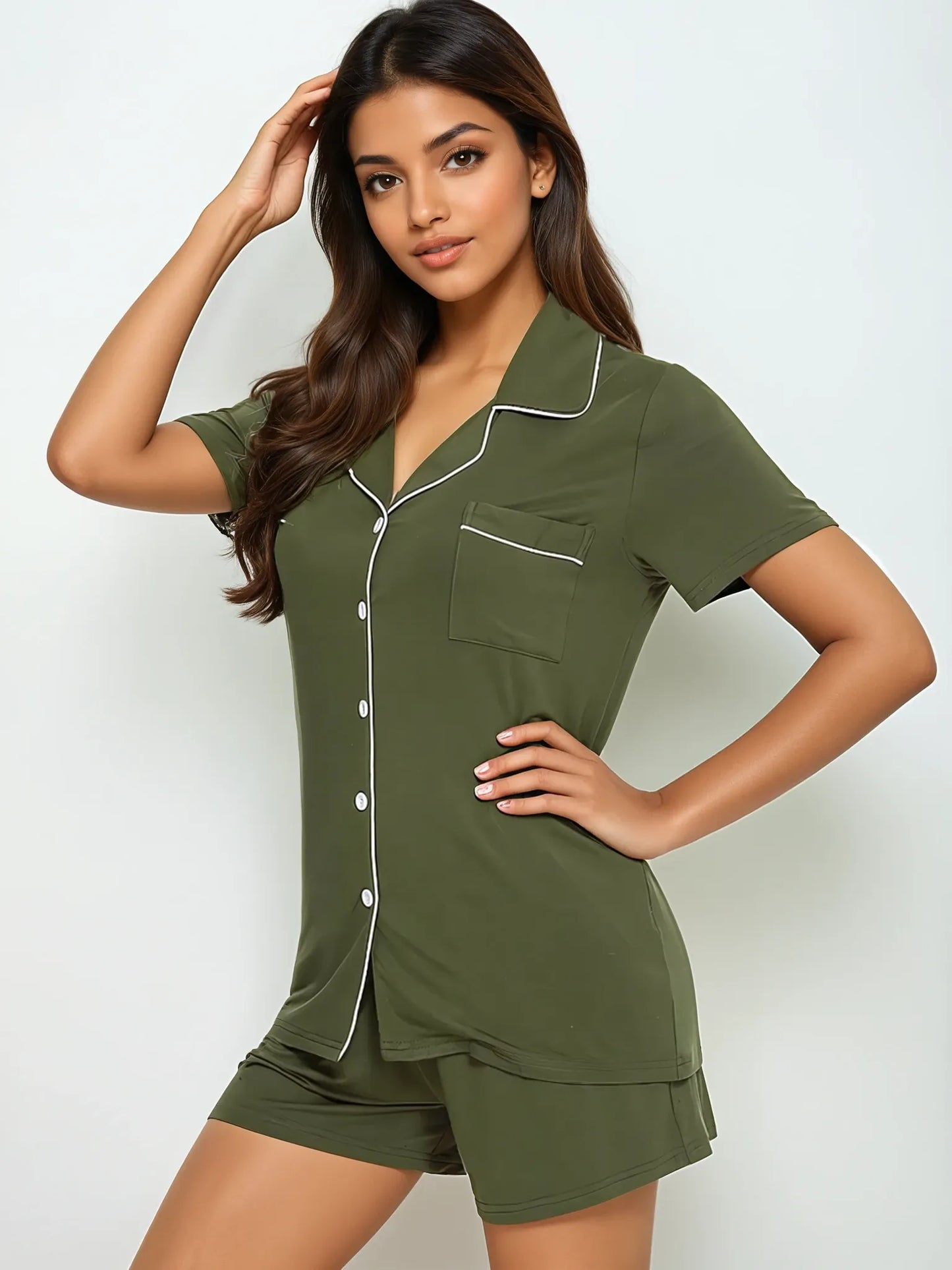 Short Sleeve Bamboo Shorts Set - Army Green