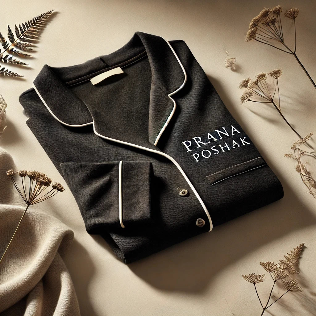 Elegant black bamboo nightwear set by Prana Poshak, featuring eco-friendly, soft, and breathable fabric with white piping detail. Luxurious sustainable sleepwear displayed in a minimal, nature-inspired setting