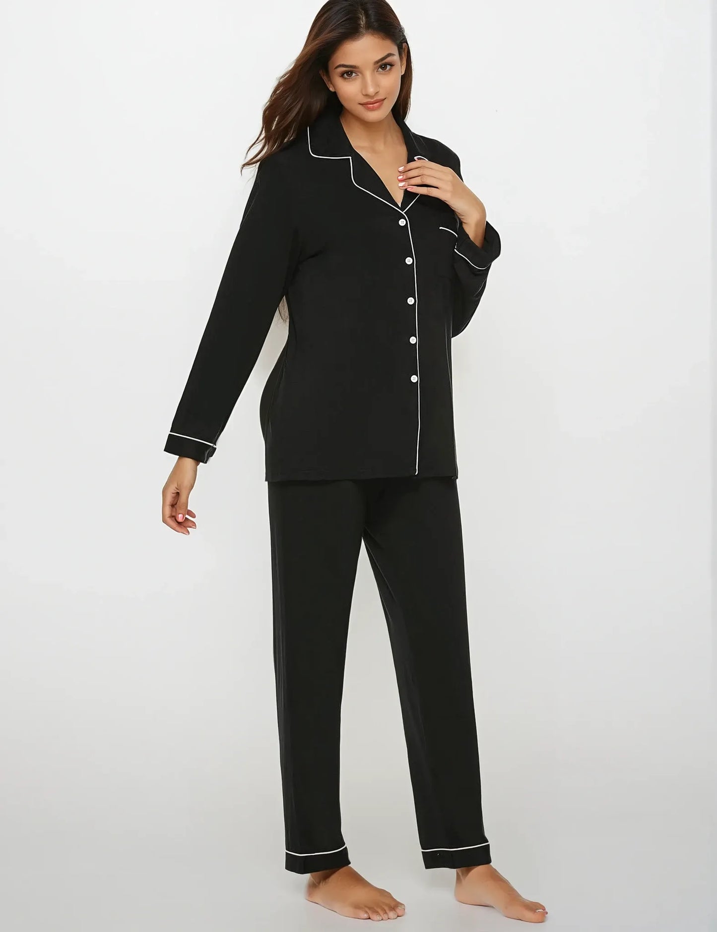 Chic and breathable Prana Poshak black pajama set for women – long sleeve top with classic white trims