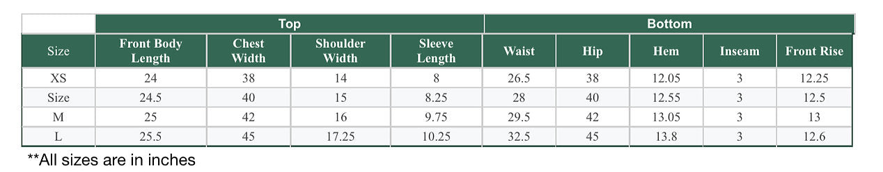 Prana Poshak size chart for leaf print short set, displaying detailed measurements for tops and bottoms in inches