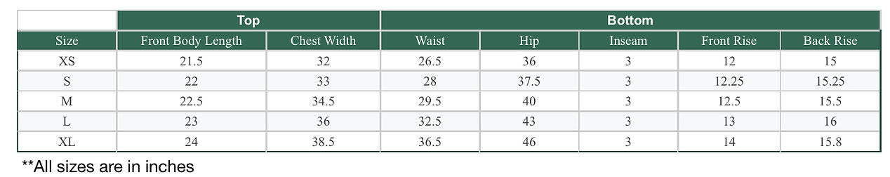 Prana Poshak size chart for bamboo nightwear, displaying measurements for tops and bottoms in inches for XS to XL