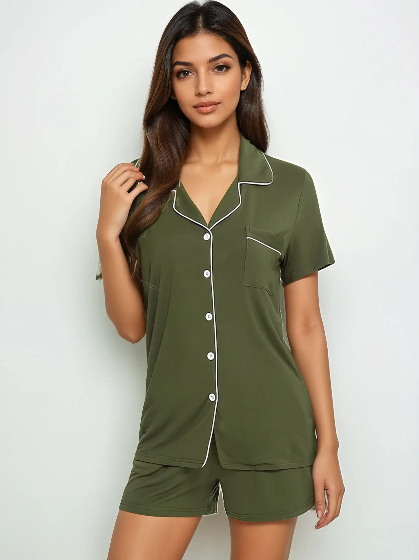 Minimal and clean olive bamboo nightwear set – short sleeve top with collar and piped detail by Prana Poshak