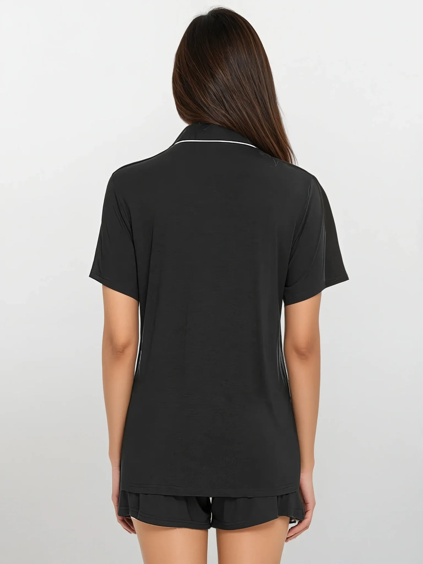 Comfortable black bamboo nightwear by Prana Poshak – stylish button-down shirt and shorts with contrast piping