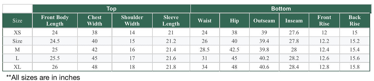 Prana Poshak size chart for floral print nightwear, displaying detailed measurements for tops and bottoms in inches
