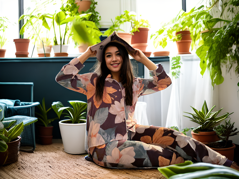 Prana Poshak's Flower Print Pajama Set featuring a classic revere collar and adjustable drawstring waist