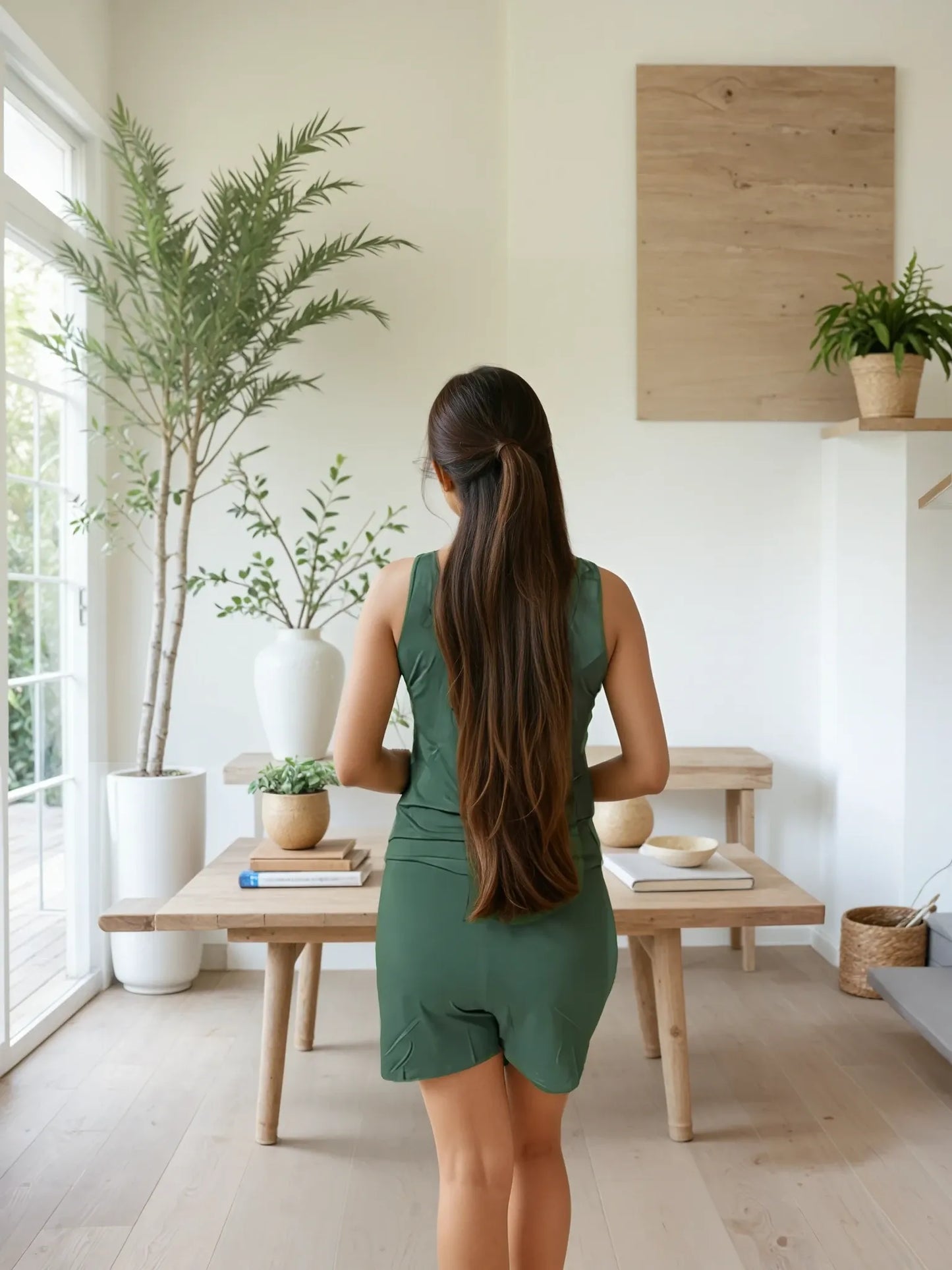 Back view of green bamboo tank top and shorts set by Prana Poshak – lightweight, breathable loungewear for women