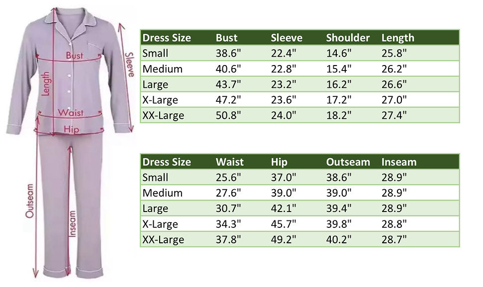 Size chart for Prana Poshak’s long-sleeve pajama set, showing measurements for bust, waist, hip, shoulder, sleeve, outseam, and inseam across Small to XX-Large sizes