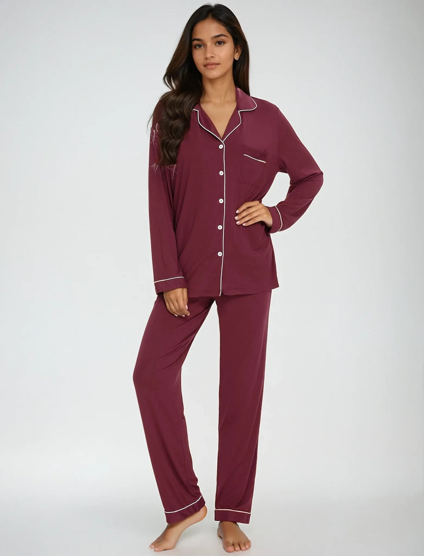 Comfort-focused maroon bamboo pajama set for women – soft, breathable, and designed for restful nights by Prana Poshak