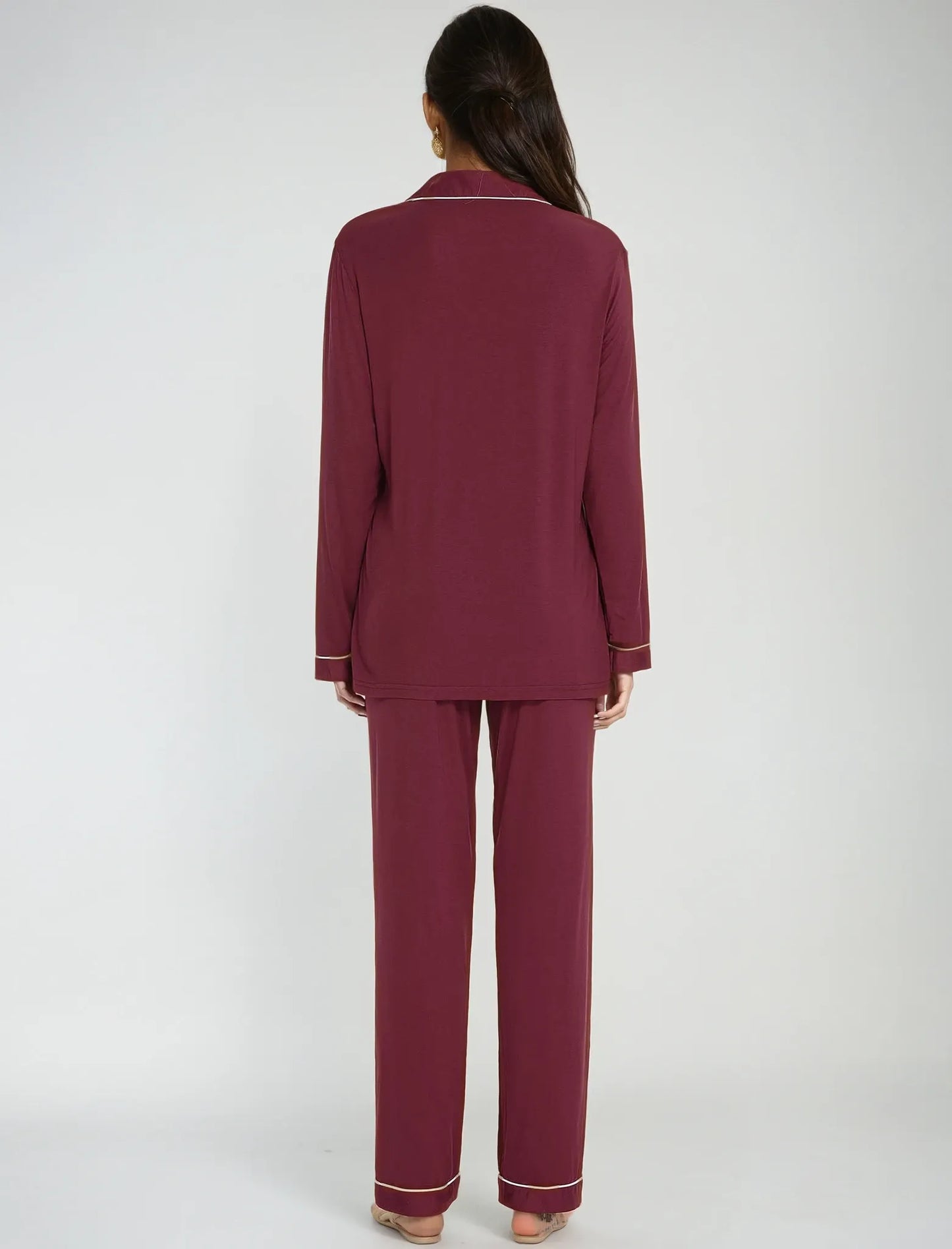 Back view of women’s maroon pajama set – elegant long-sleeve nightwear with clean piping detail by Prana Poshak