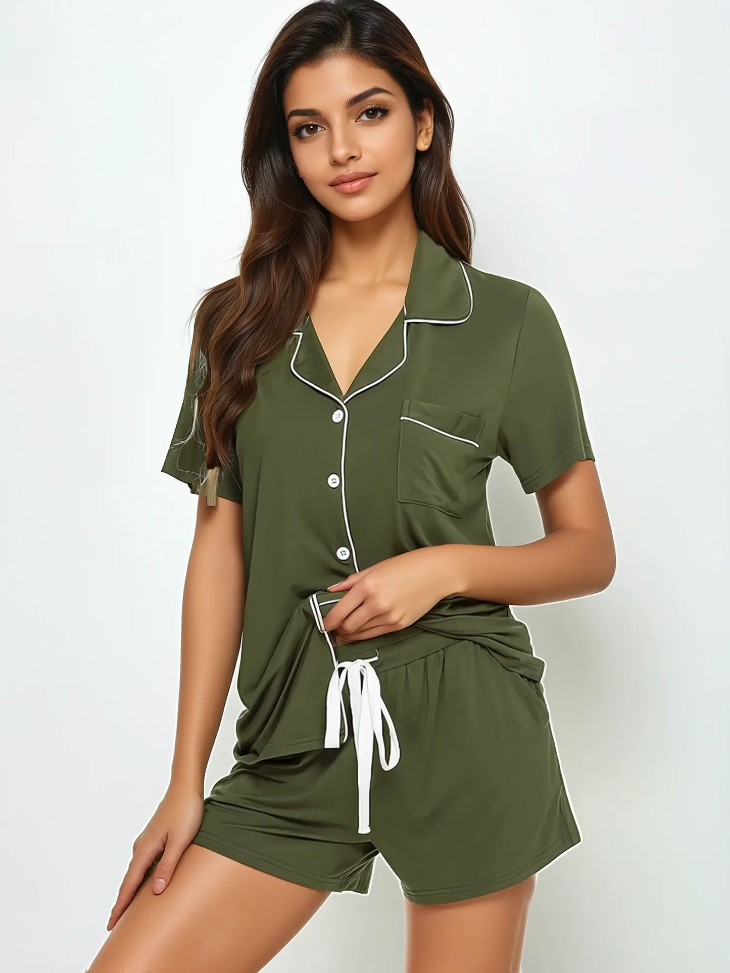Effortless comfort in olive bamboo shorts set – soft modal blend nightwear with contrast piping by Prana Poshak
