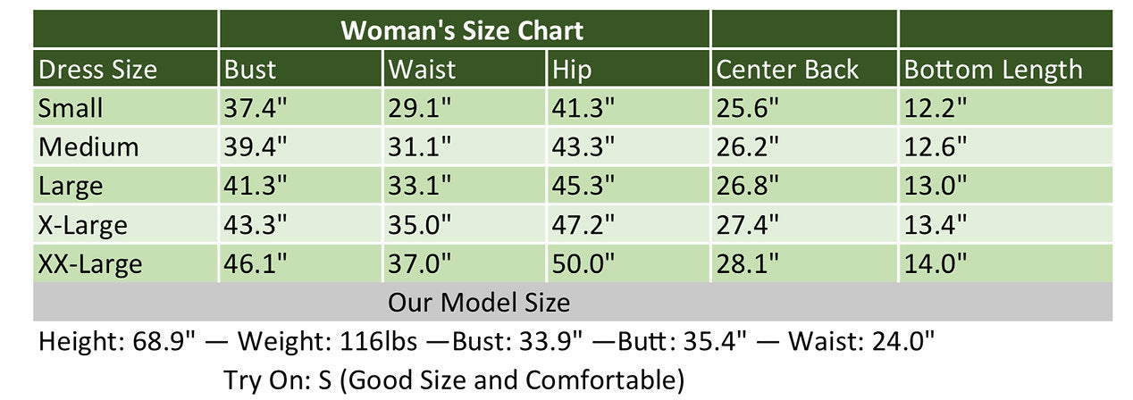 Women's size chart for Prana Poshak's nightwear and loungewear, displaying bust, waist, hip, center back, and bottom length measurements from Small to XX-Large