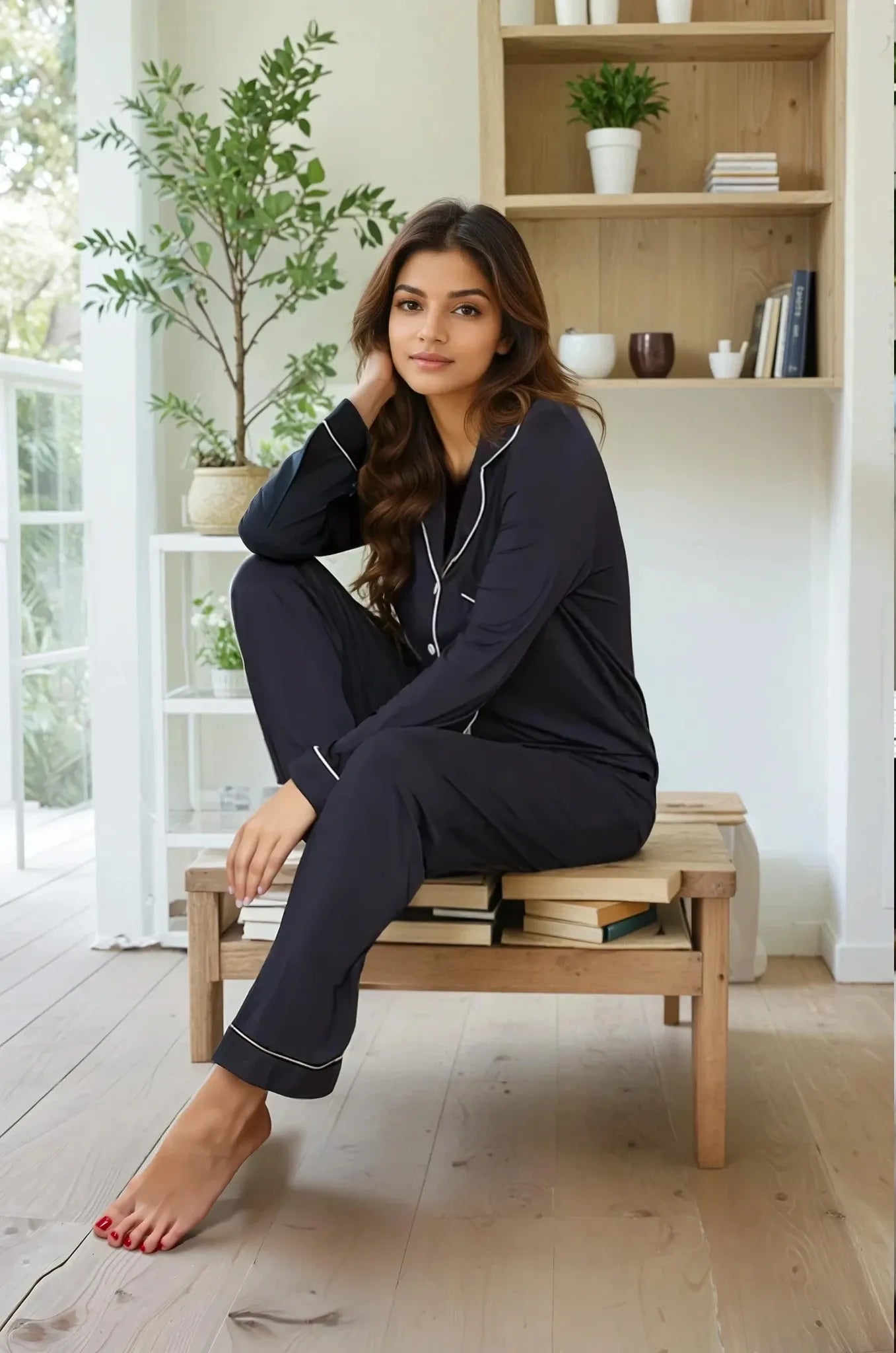 Woman seated in black bamboo prana poshak nightwear on a wooden bench surrounded by books and greenery.