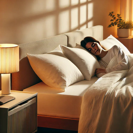 Woman peacefully sleeping in a softly lit bedroom, dressed in breathable, luxury nightwear made from bamboo and organic cotton for ultimate comfort.