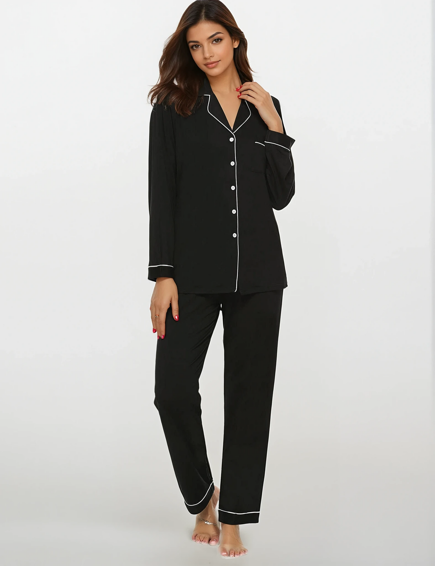 Model walking in black bamboo loungewear set – premium modal-blend sleepwear for women by Prana Poshak showcasing Bamboo collection