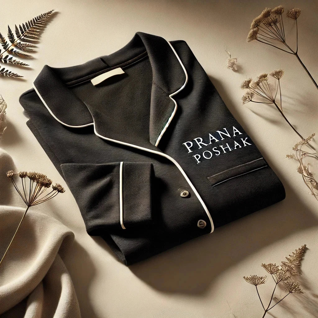 Prana Poshak Home Page with Black Bamboo nightwear  in a luxury setting