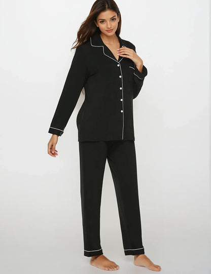 Chic and breathable Prana Poshak black pajama set for women – long sleeve top with classic white trims