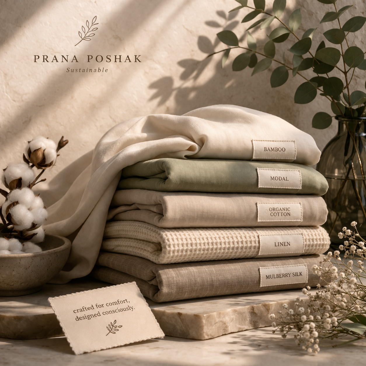 Stack of folded fabrics with labels on a wooden surface, featuring Prana Poshak branding.