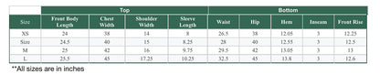 Prana Poshak size chart for leaf print short set, displaying detailed measurements for tops and bottoms in inches