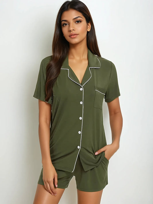 Chic olive green nightwear set with buttoned top and relaxed shorts – Prana Poshak sleepwear