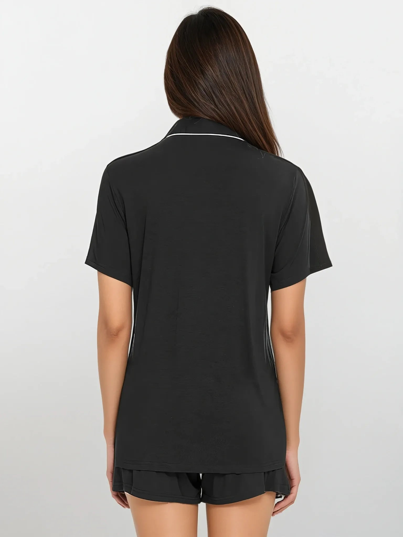 Comfortable black bamboo nightwear by Prana Poshak – stylish button-down shirt and shorts with contrast piping