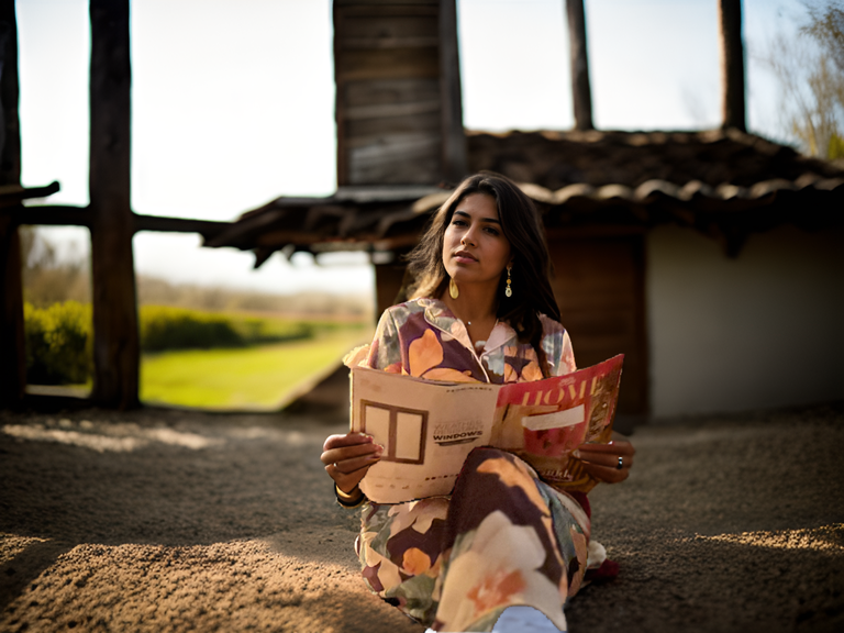 Woman relaxing outdoors in Prana Poshak’s floral print pajama set, featuring a soft, breathable fabric perfect for luxury loungewear and nightwear