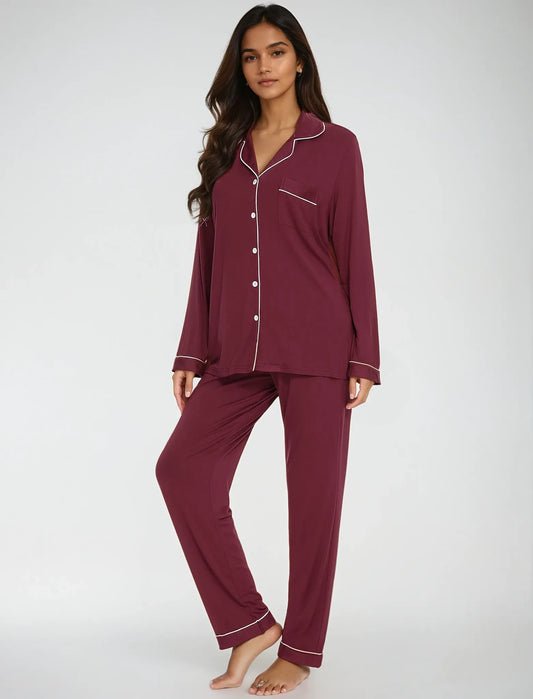 Front view of maroon bamboo pajama set with white piping – soft full-sleeve top and relaxed fit pants by Prana Poshak