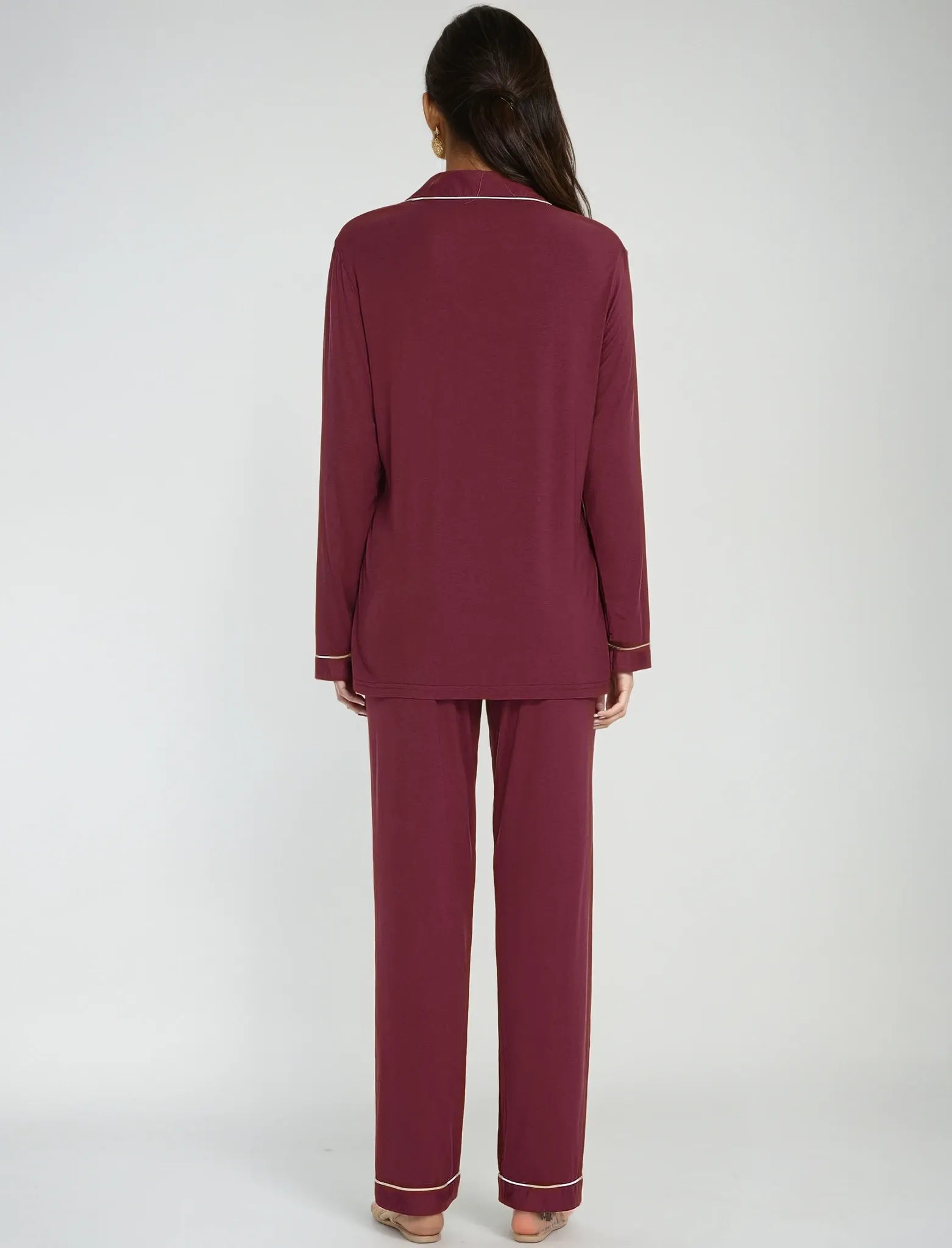 Back view of women’s maroon pajama set – elegant long-sleeve nightwear with clean piping detail by Prana Poshak