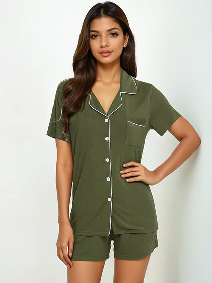 Front-facing olive green bamboo nightwear with short sleeves – breathable and stylish sleepwear set by Prana Poshak