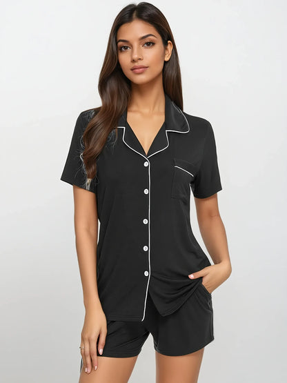 Elegant front-facing look of black bamboo pajama set by Prana Poshak – tailored collar and soft-touch shorts