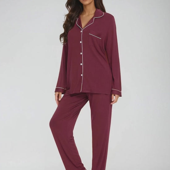 Maroon bamboo nightwear set in motion – stylish and sustainable sleepwear for women by Prana Poshak