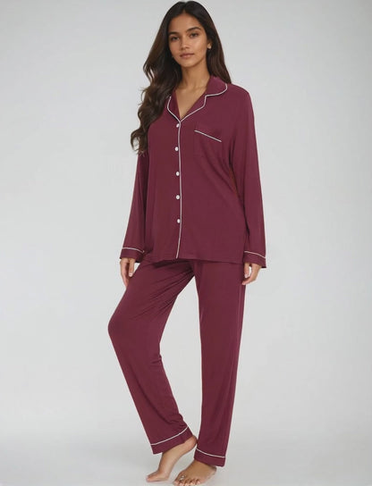 Maroon bamboo nightwear set in motion – stylish and sustainable sleepwear for women by Prana Poshak