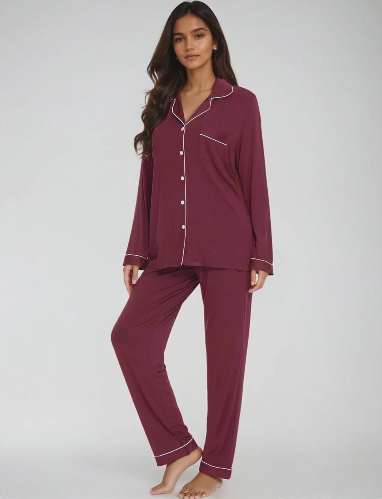 Maroon bamboo nightwear set in motion – stylish and sustainable sleepwear for women by Prana Poshak